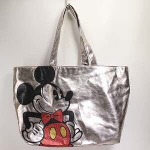 Disney Tote Bag XL Silver Metallic Faux Leather Mickey Mouse Lined Shoulder Bag